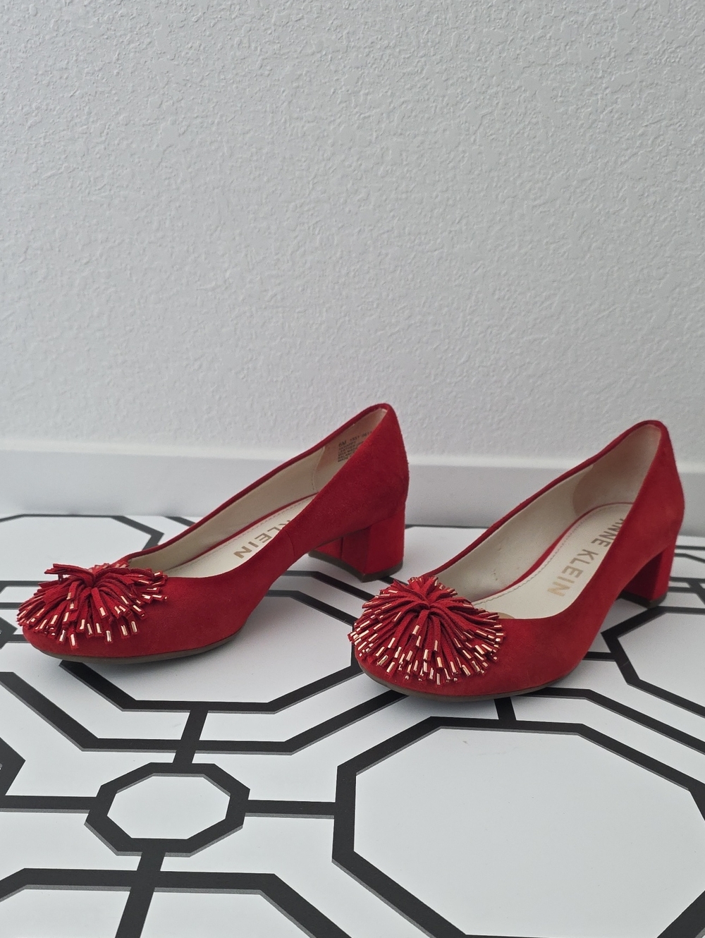 Anne Klein Red Suede Pom-Trim Block Heel Pumps